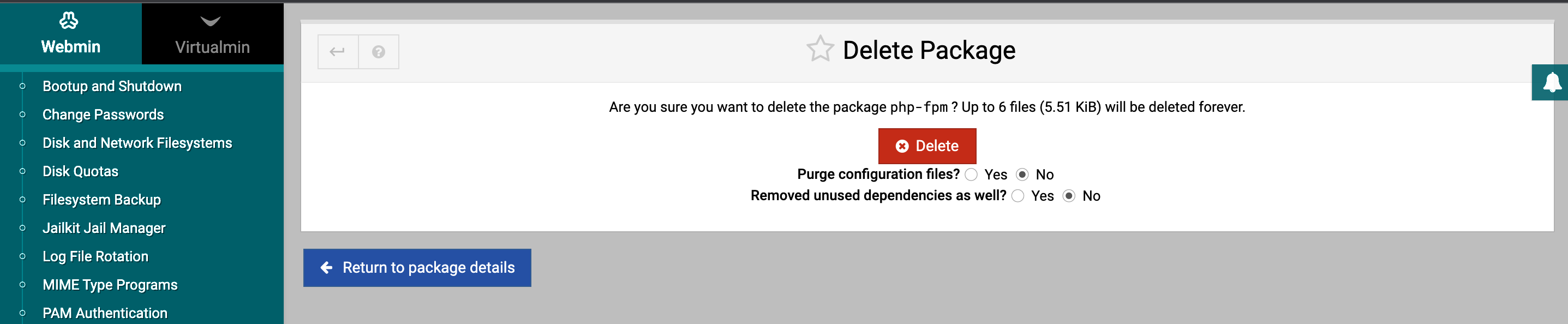 Virtualmin Remove Package Confirmation