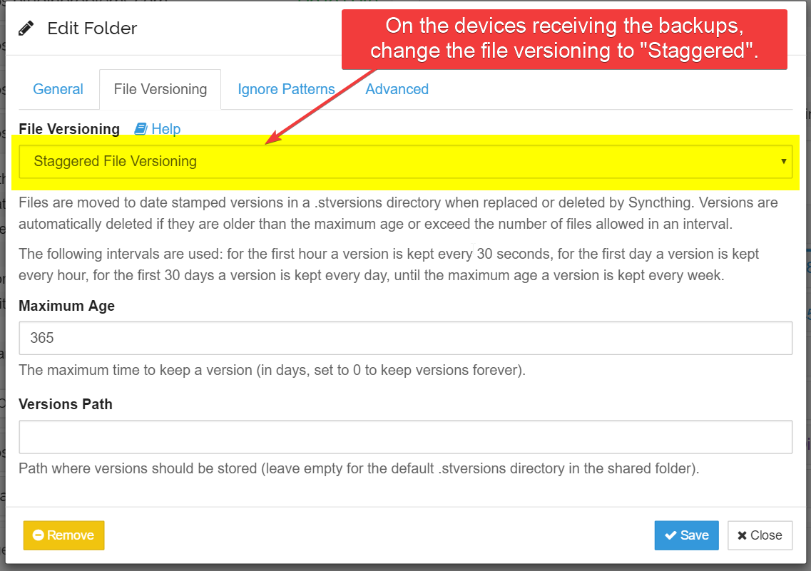 Syncthing Backup Receiving Staggered