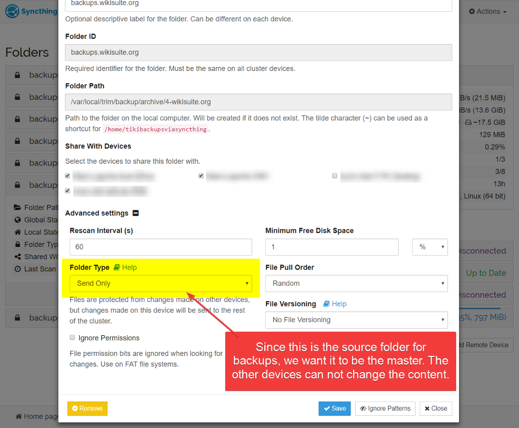 Syncthing Backups Send Only Setting