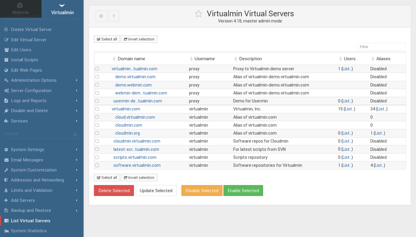 Server список. Панель управления Virtualmin. Webmin демо. Virtualmin Demo. Webmin vs Virtualmin.